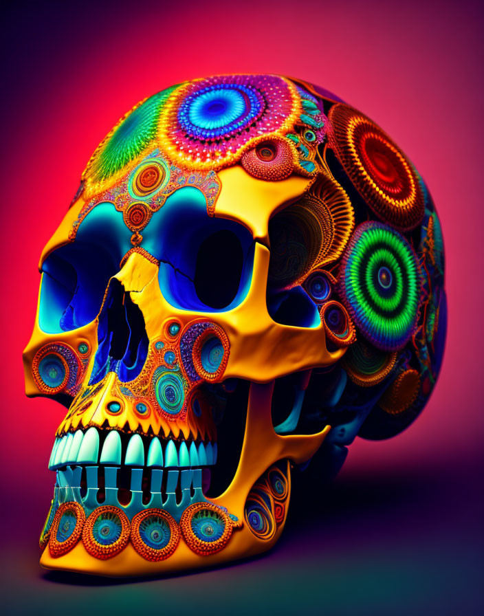 Colorful Psychedelic Human Skull on Red-Purple Gradient Background