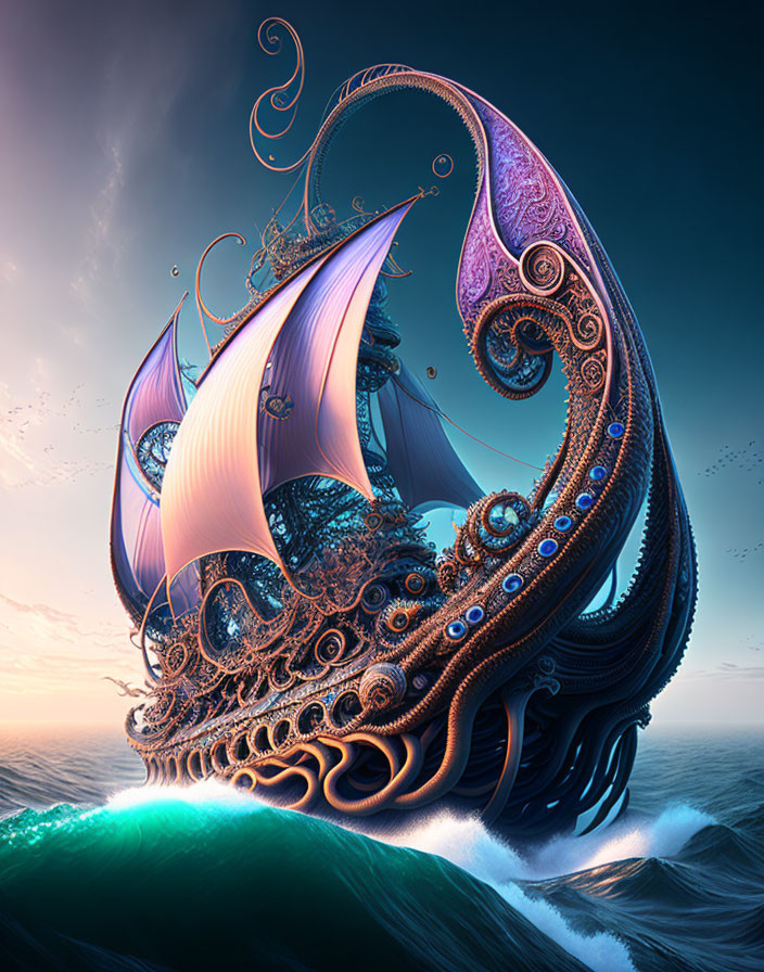 Fantastical ship with tentacle-like embellishments and purple sails on surreal ocean and pastel sky
