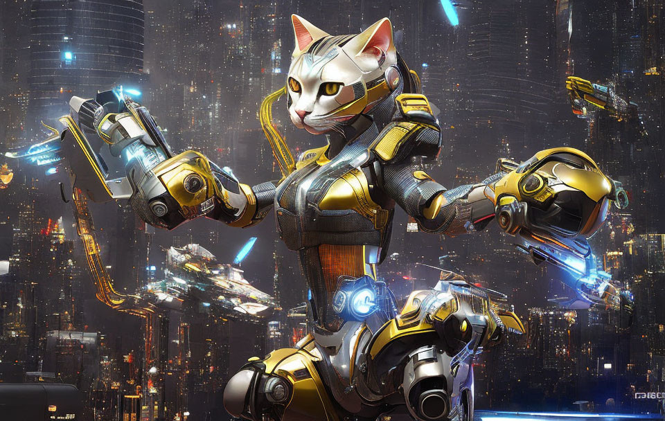 Futuristic anthropomorphic cat in robotic armor against vibrant night cityscape