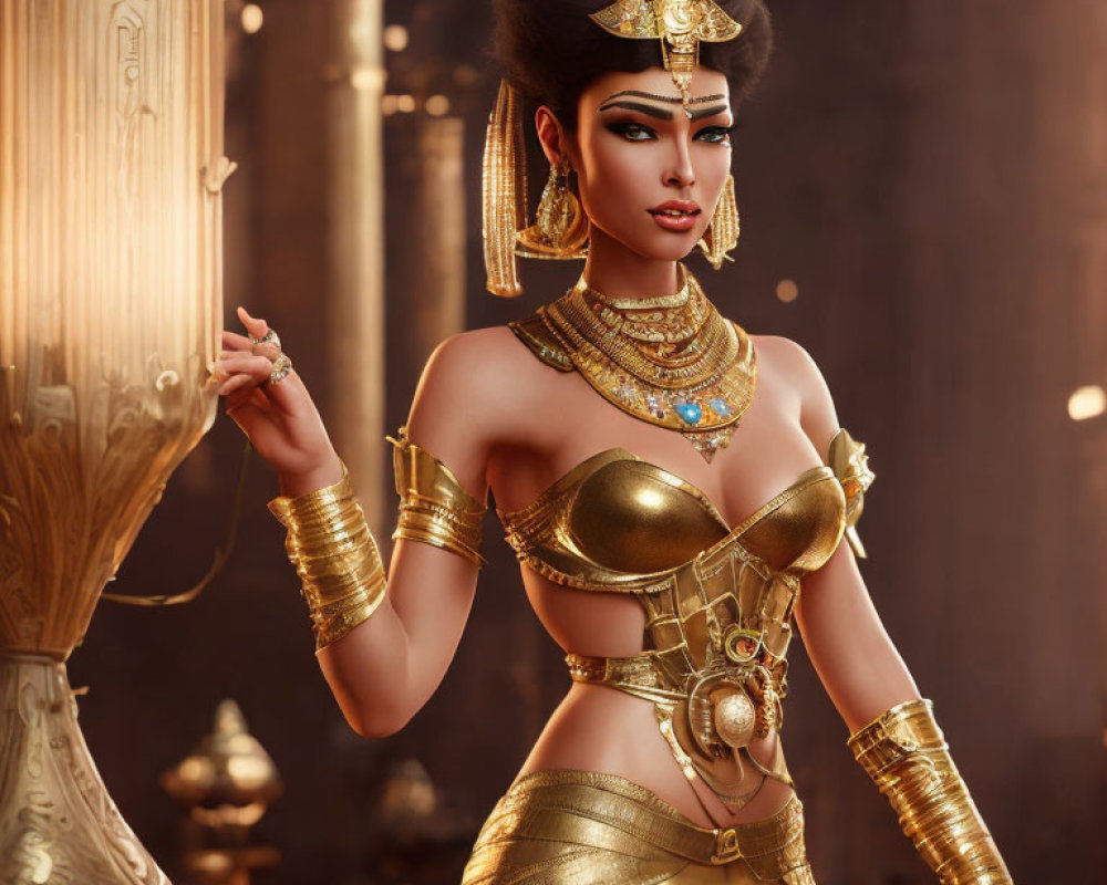 Stylized 3D illustration of woman in ornate Egyptian attire