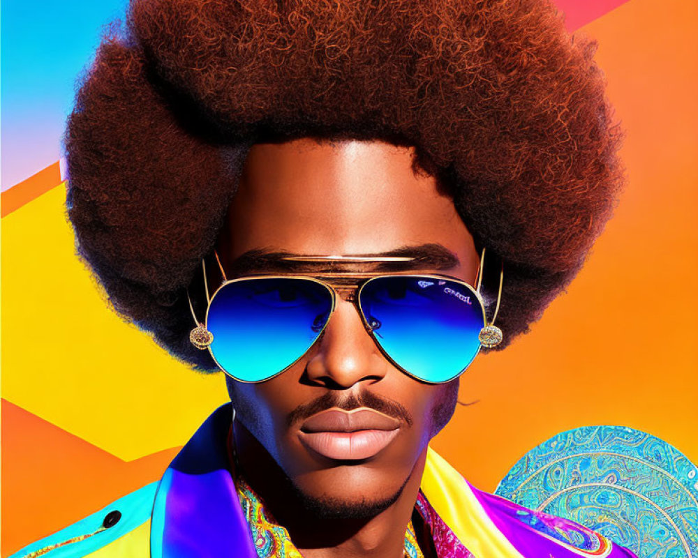 Person with Large Afro in Blue Aviator Sunglasses and Colorful Clothing against Multicolored Background
