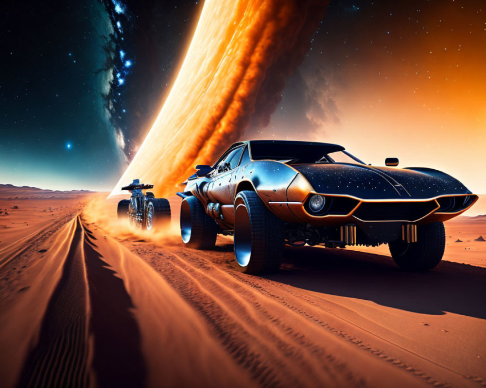 Futuristic car racing in desert under alien sky with massive comet.