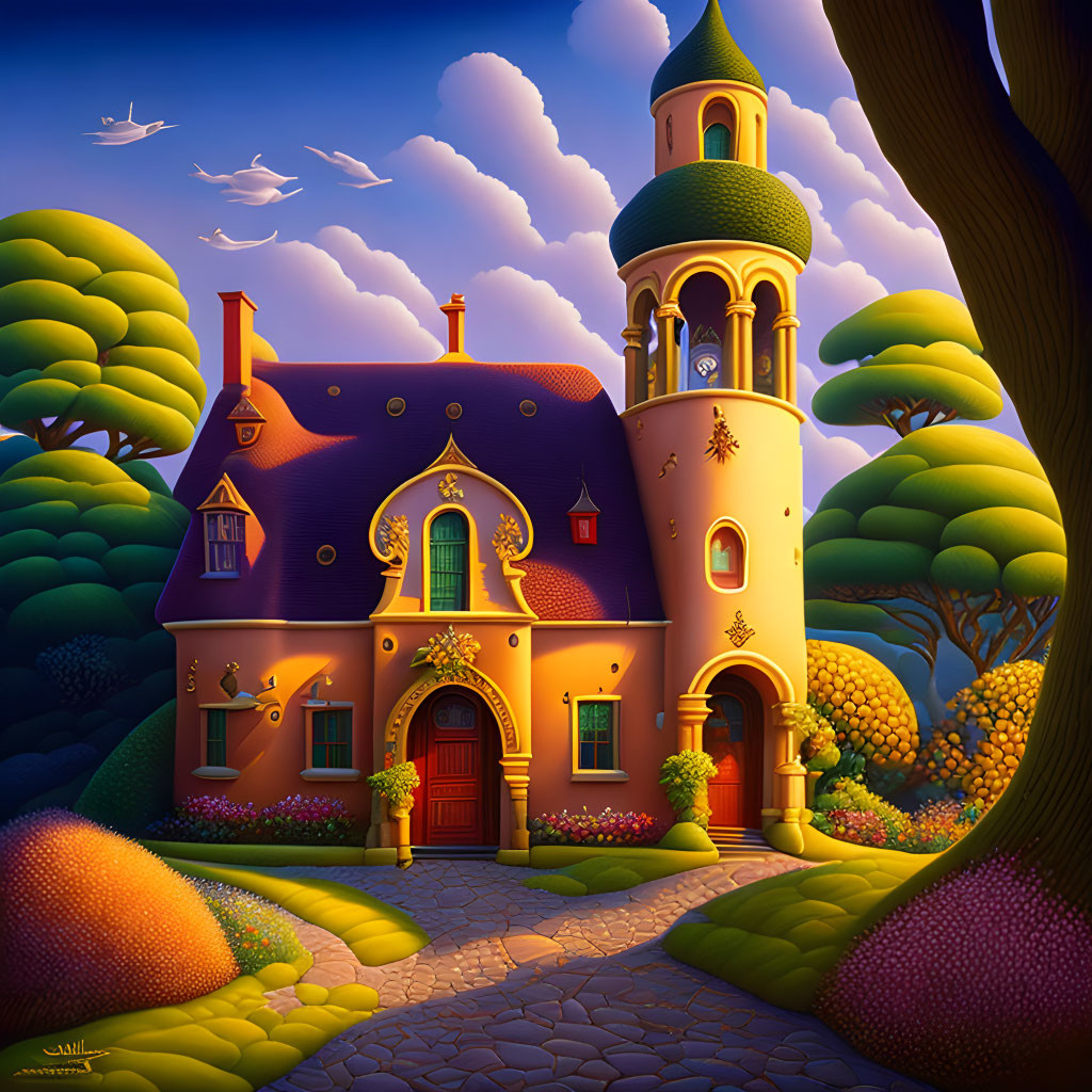 Colorful illustration of a tall tower house in a magical twilight landscape