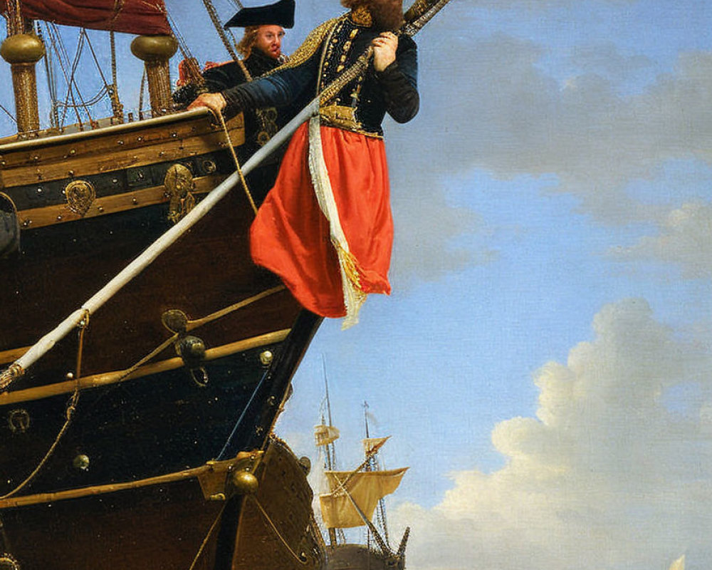 Historic painting of two sailors on ship's bow with telescope, more ships in distance
