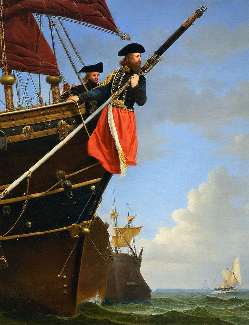 Historic painting of two sailors on ship's bow with telescope, more ships in distance