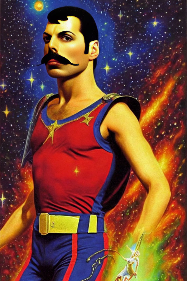 Prominent Mustache Person in Red and Blue Outfit on Cosmic Background