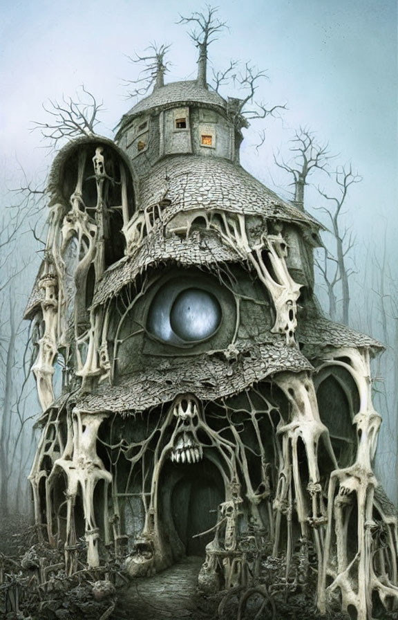 Spooky house with bone tower and eye in bleak landscape