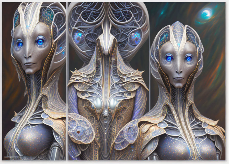 Three humanoid robotic figures with blue eyes and intricate metallic detailing on a cosmic background.