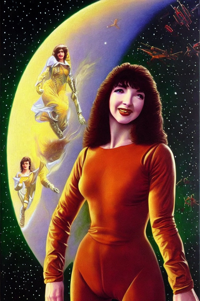 Woman in orange space suit with futuristic planet backdrop and hovering figures
