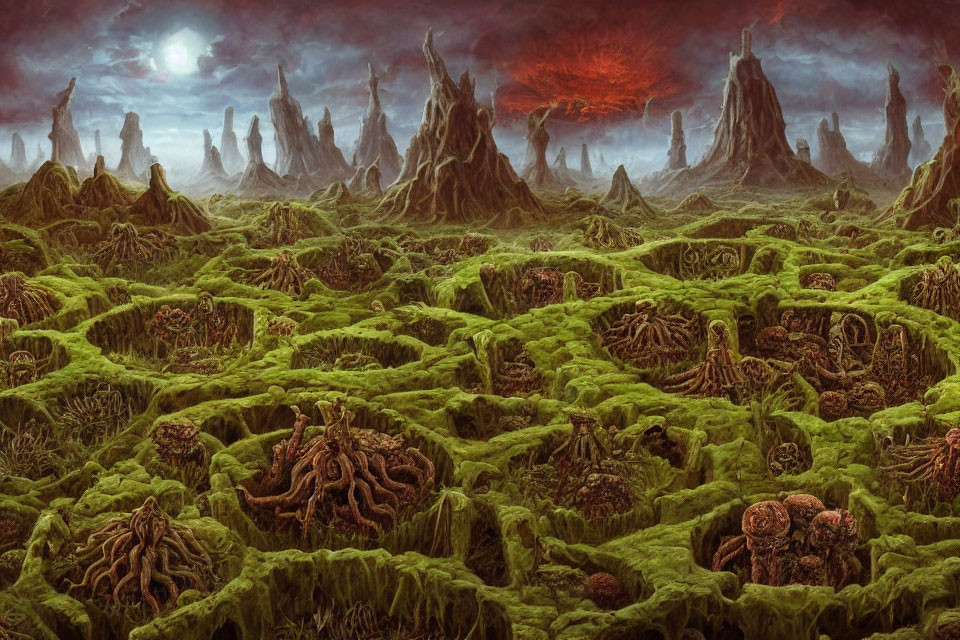 Moss-covered formations and skeletal trees under a red, cloudy sky