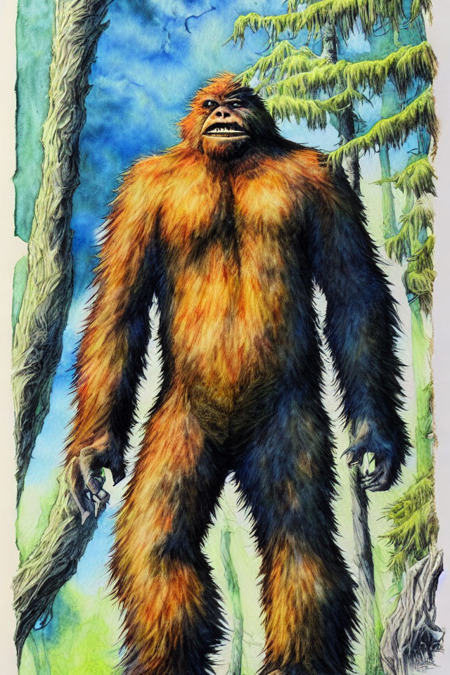 Bigfoot Illustration in Forest with Brown and Black Fur