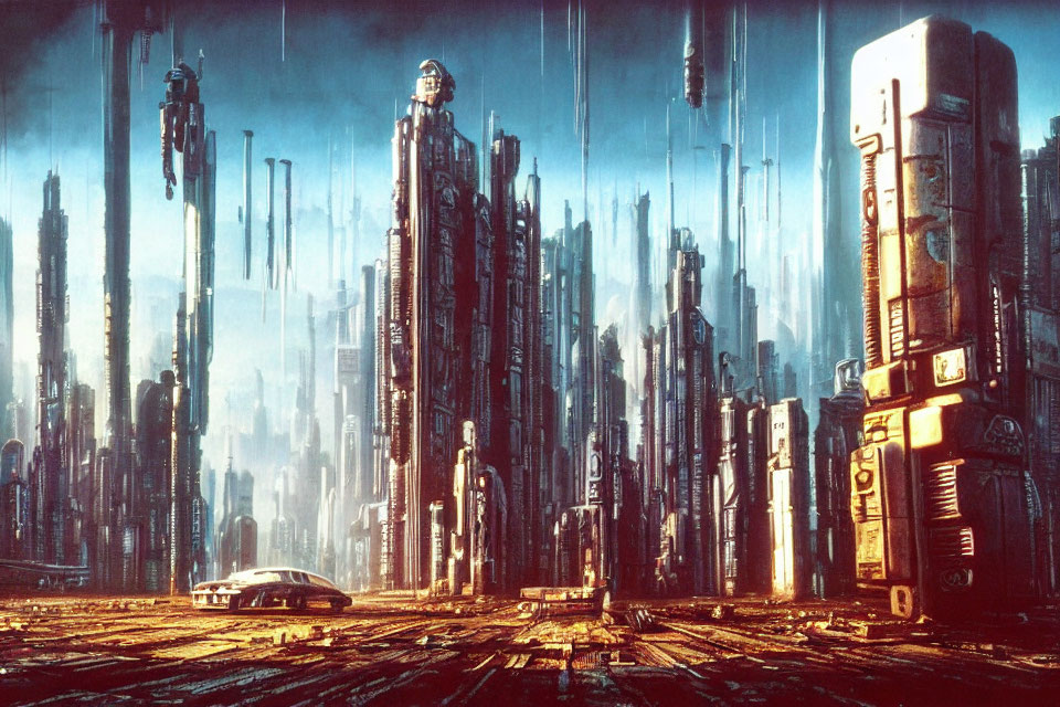 Futuristic cityscape with skyscrapers, neon signs, lone vehicle, rain, and blue
