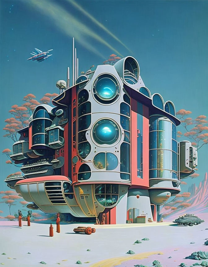 Futuristic building with round windows in desert landscape with red plants and spaceship in blue sky.