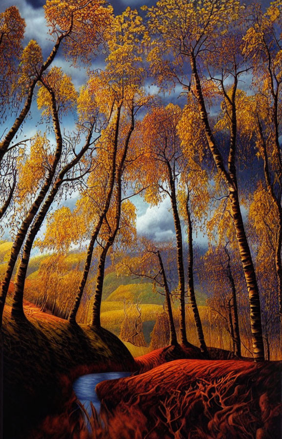 Autumn birch trees with golden leaves by serene stream