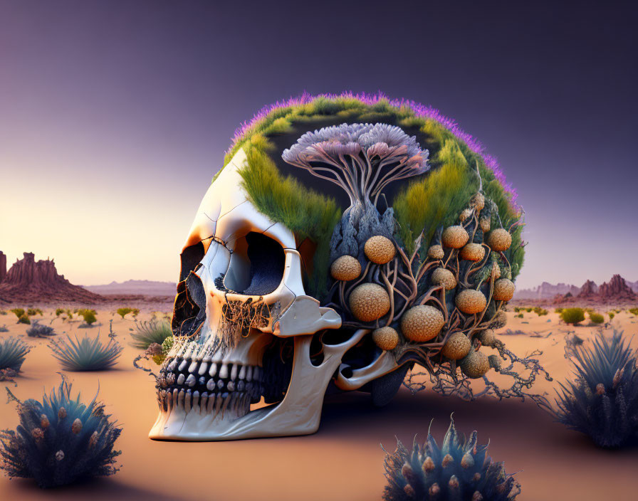 Colorful Human Skull Half Covered in Flora Against Desert Backdrop