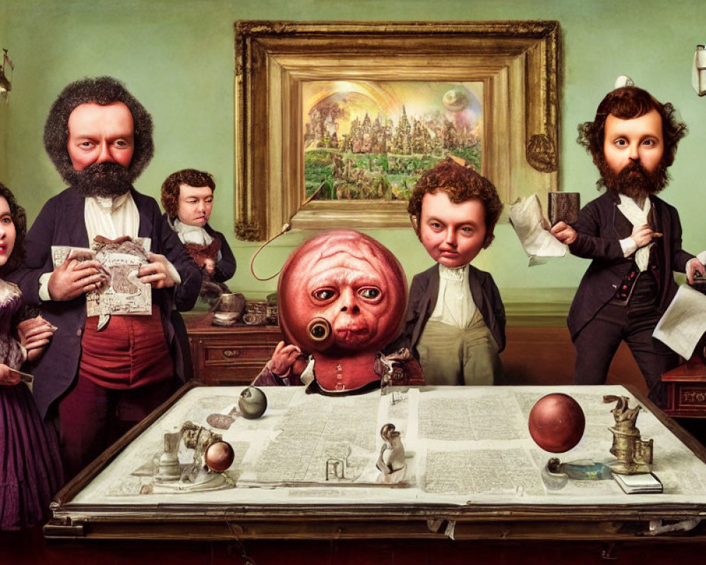 Surreal Victorian caricatures with oversized baby head in vintage room