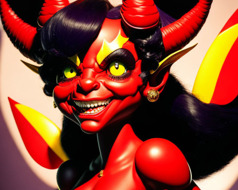 Colorful Illustration of Female Devil Character with Large Horns and Yellow Eyes