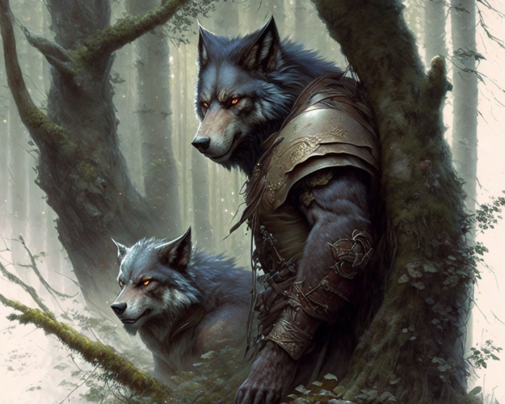 Armored wolves in misty forest: one upright, one on all fours