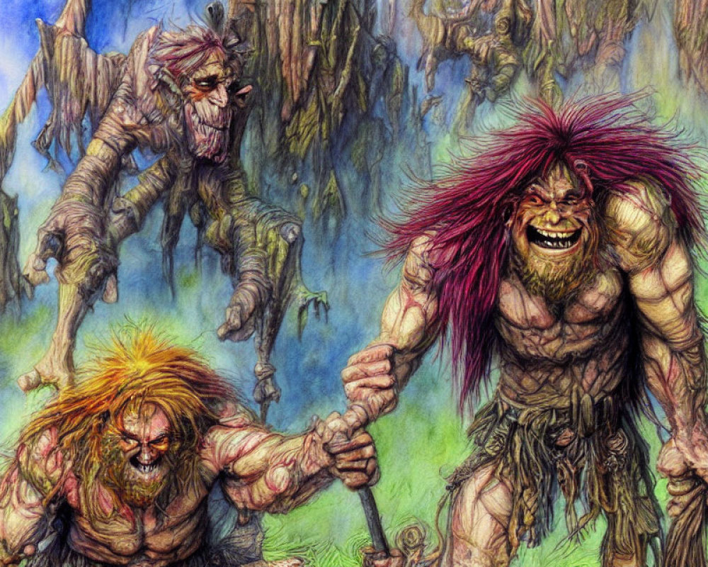 Colorful forest scene: Three animated trolls with wild hair and tattered clothing