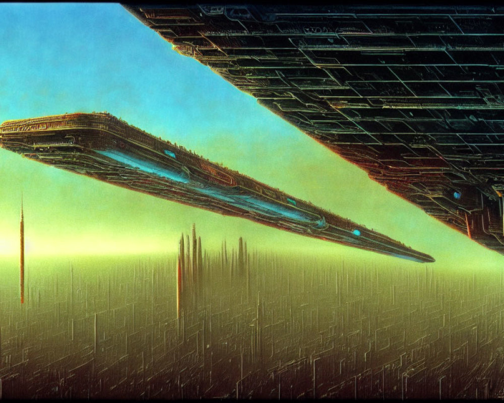Futuristic sci-fi scene: Two large spaceships over a cityscape