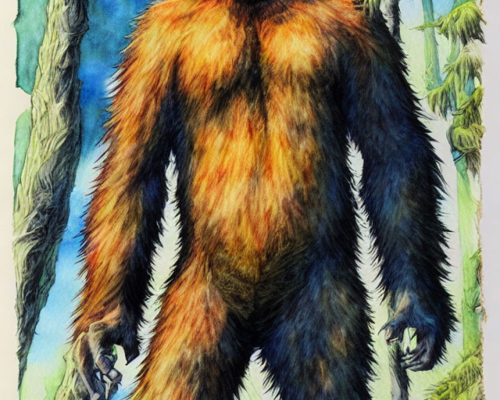Bigfoot Illustration in Forest with Brown and Black Fur