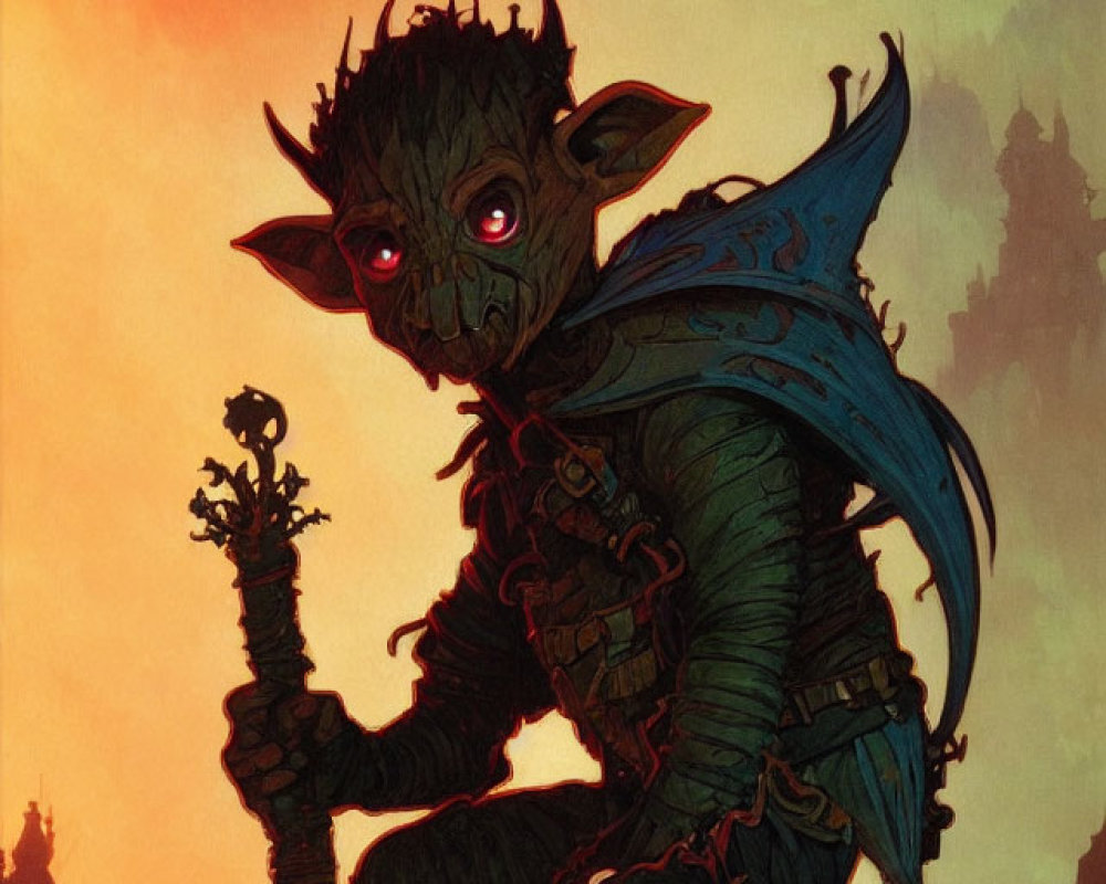 Fantasy goblin creature in armor with red eyes and staff in fiery sky