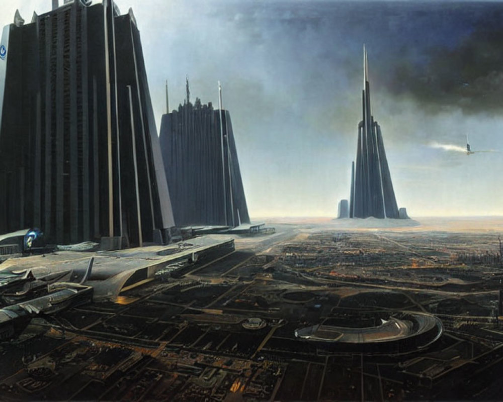 Dark futuristic cityscape with tall skyscrapers, flying vehicles, and dominating spire.