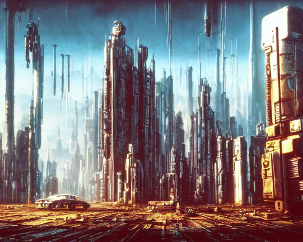 Futuristic cityscape with skyscrapers, neon signs, lone vehicle, rain, and blue