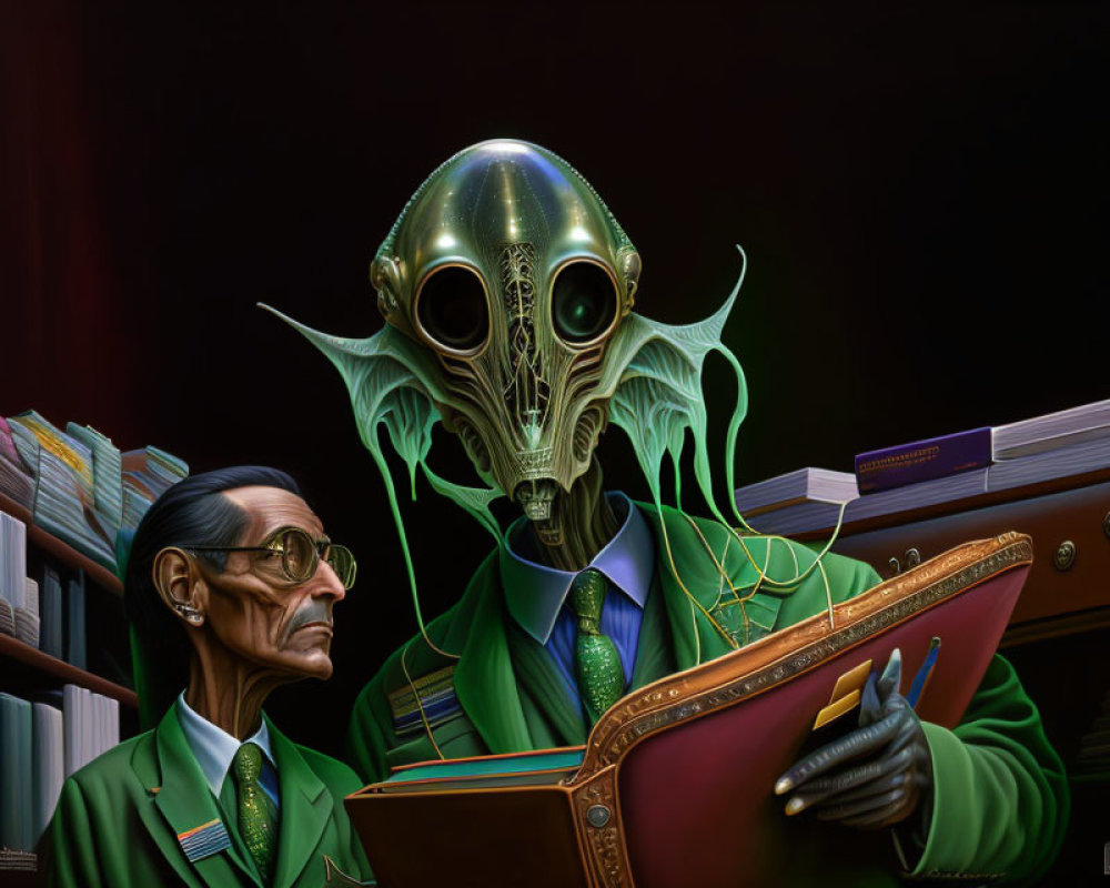 Humanoid alien with tentacles reading a book beside a bespectacled man in green formal attire