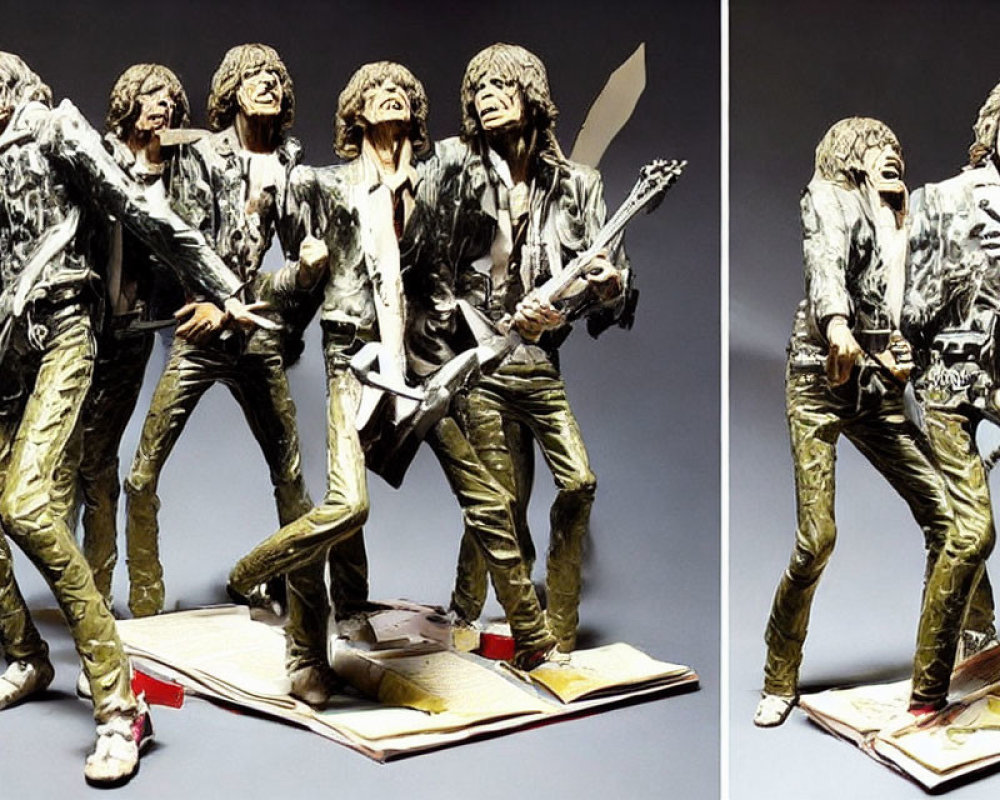 Four Rock Band Figurines with Guitars and Microphones in Dynamic Poses