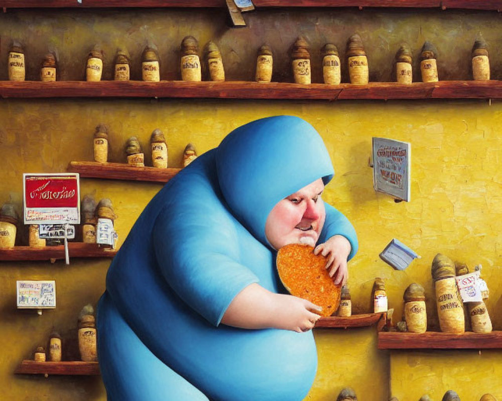 Stylized painting of rotund figure tasting cheese in shop full of cheese wheels.