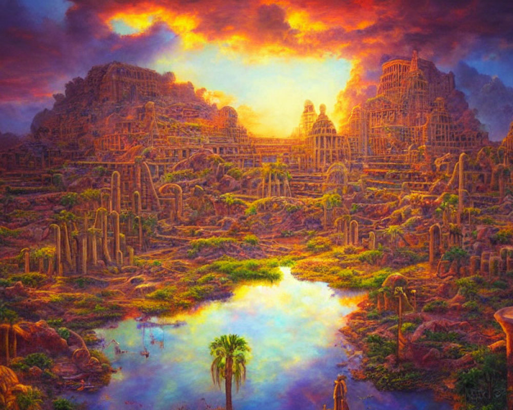 Ancient overgrown city painting with ruins, cacti, and sunset vibes