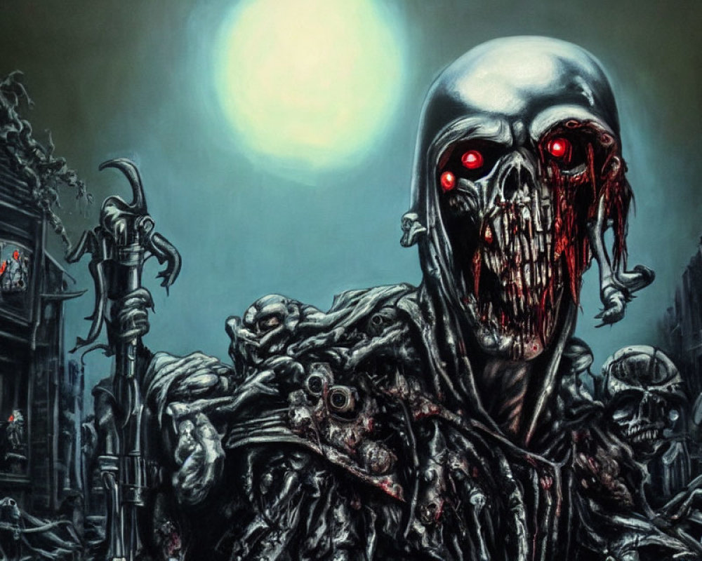 Dark fantasy art: Skeleton with red eyes leads zombie horde in post-apocalyptic cityscape