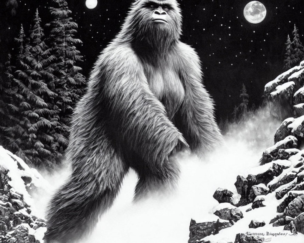Majestic Bigfoot in Snowy Forest with Two Moons