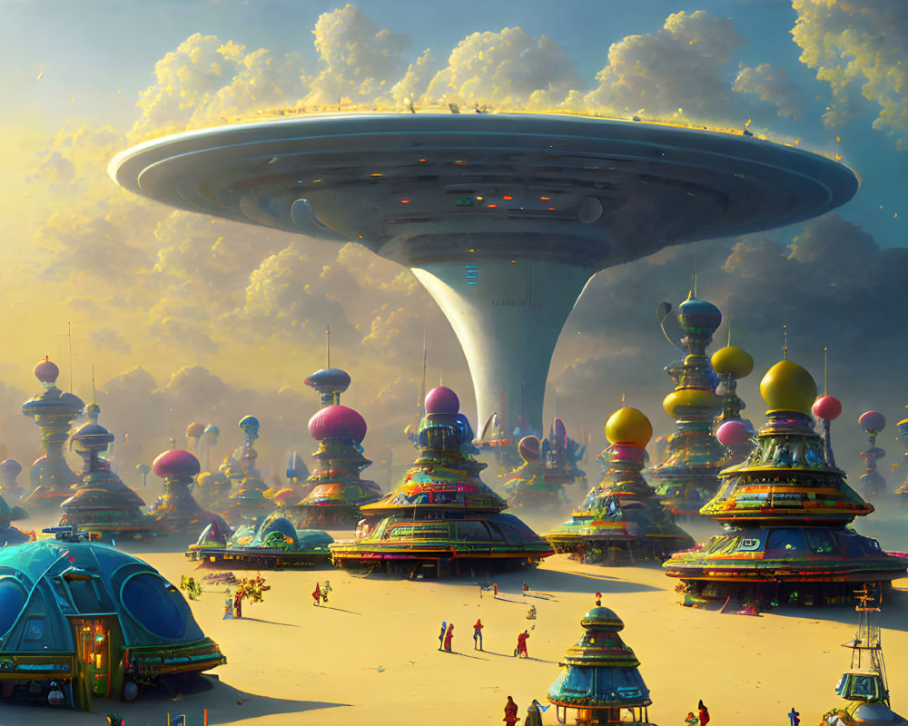 Colorful domed buildings under massive spaceship in vibrant sci-fi cityscape