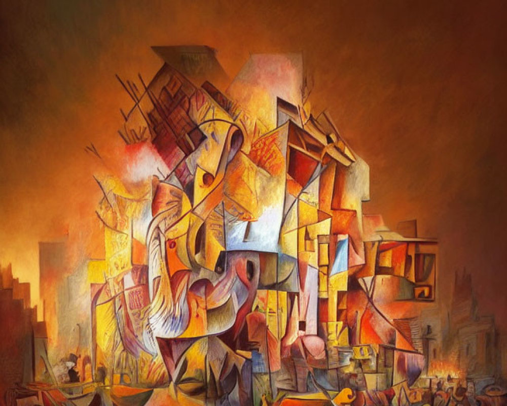 Colorful Cubist Painting Featuring Abstract Figures and Architectural Elements