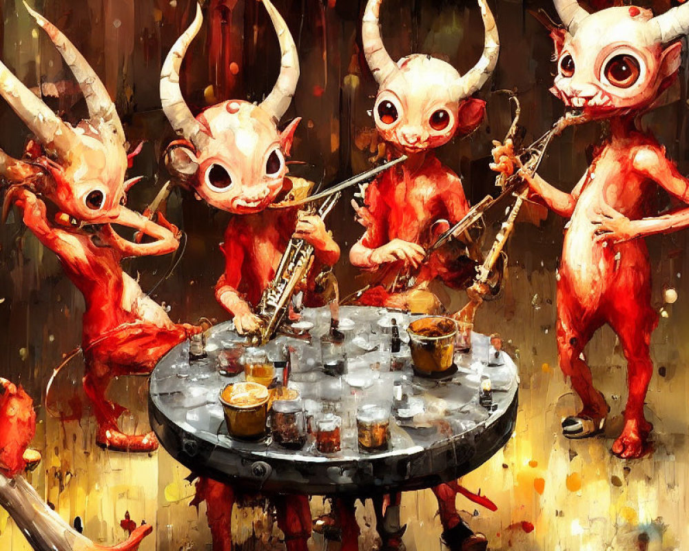 Colorful Cartoon Imp Creatures Playing Instruments Around Table
