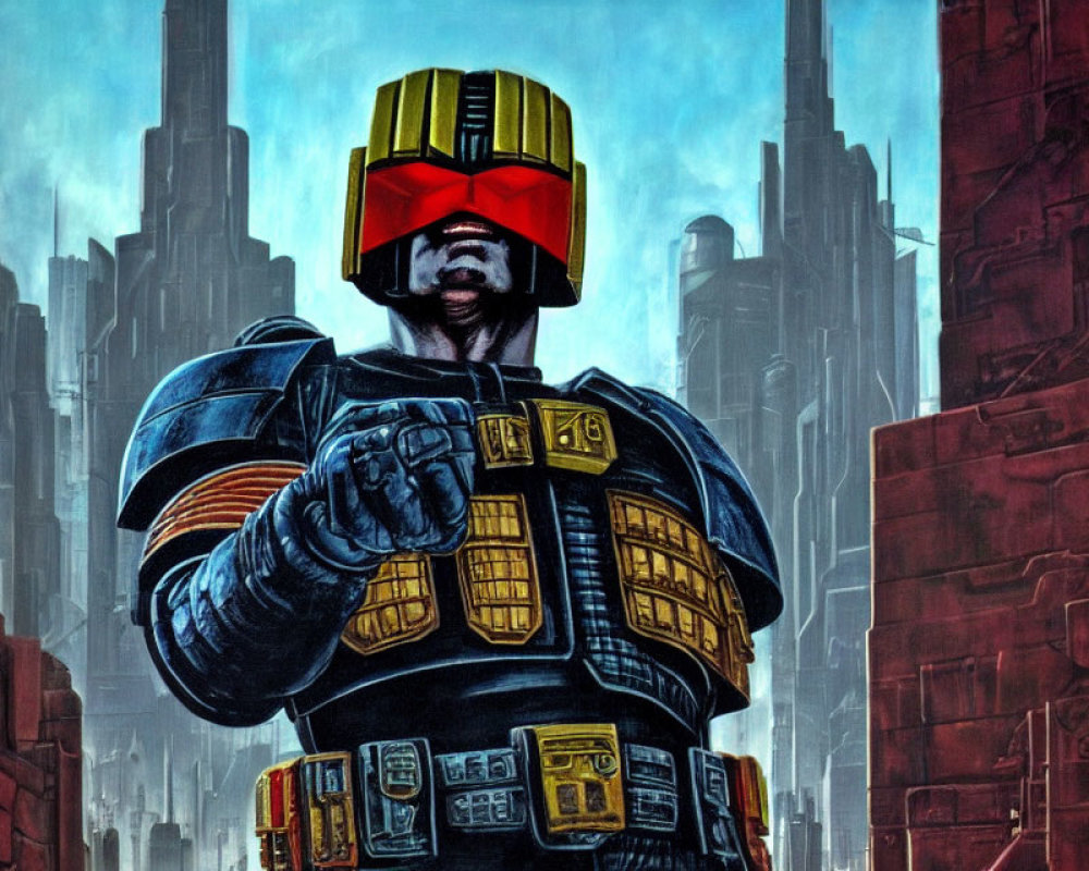 Futuristic Judge Dredd with iconic helmet and cityscape