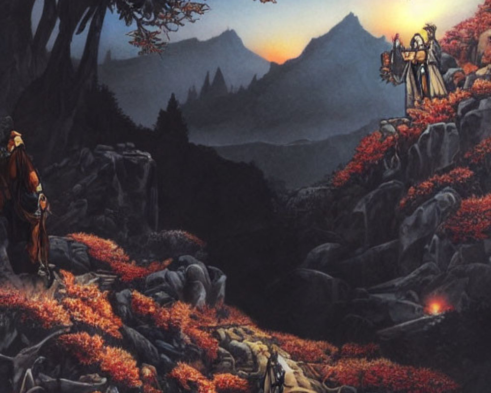 Fantastical dusk landscape with travelers, red foliage, waterfall, mountains, twilight sky