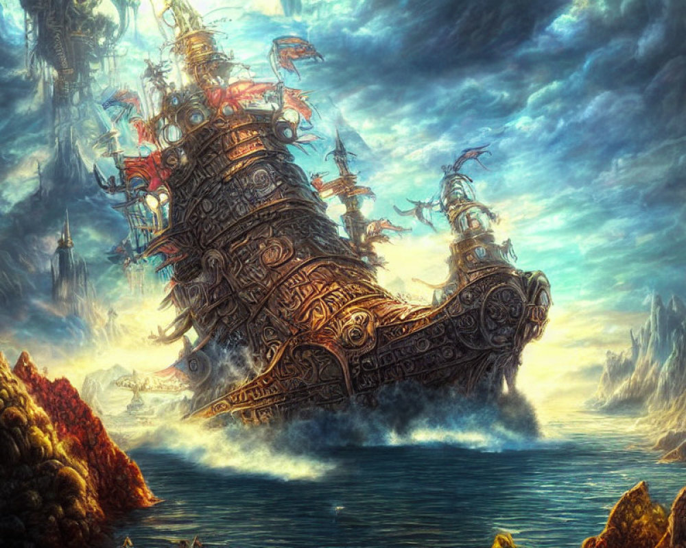Intricately designed fantasy ship navigating stormy skies