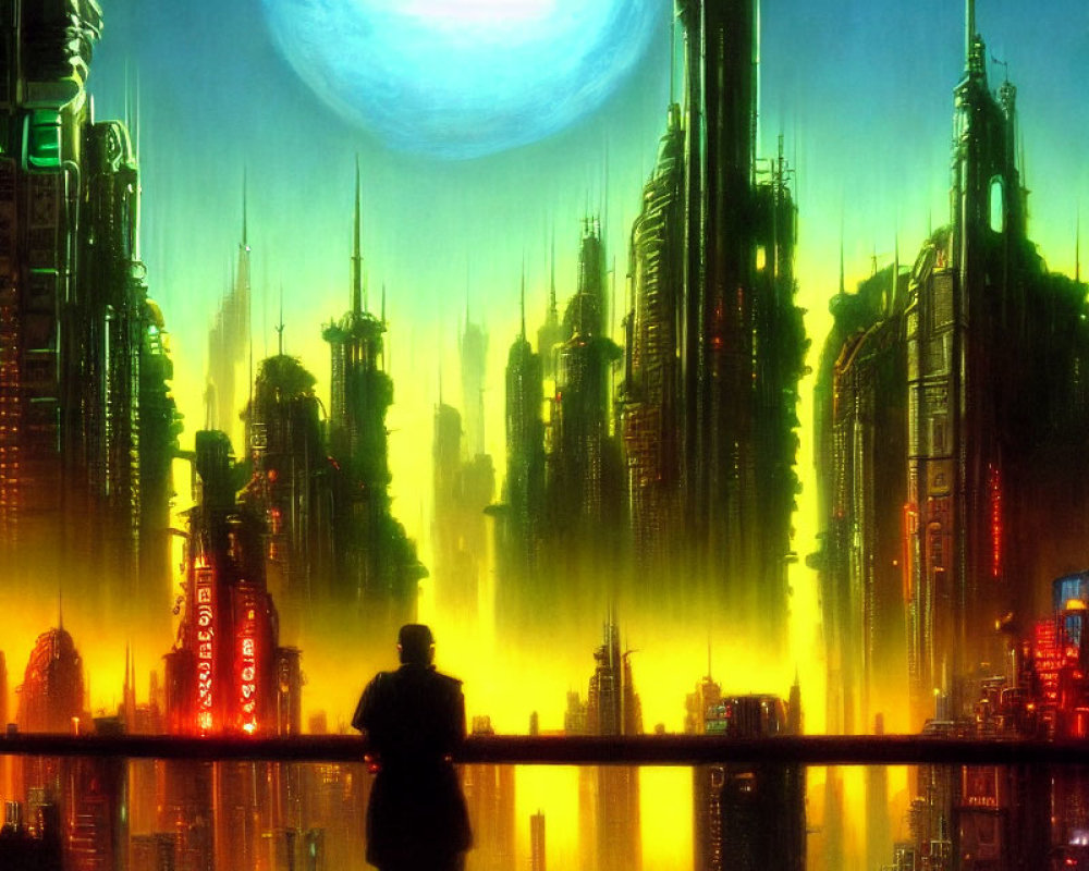 Silhouetted figure observing futuristic cityscape under moonlight