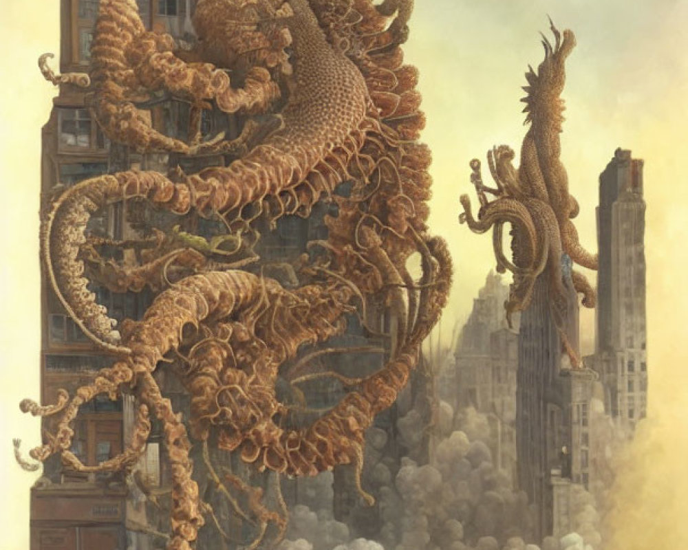 Giant octopus-like creature with intricate textures on classical building above clouds.