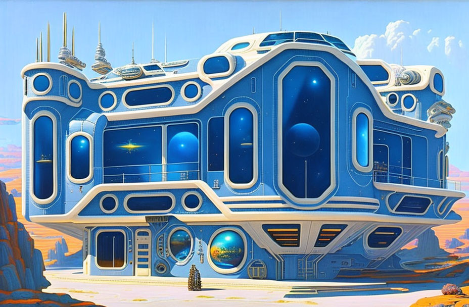 Futuristic Blue and White Spaceship Building in Desert Landscape
