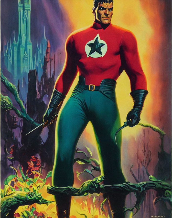 Muscular superhero in red suit with star emblem against mystical castle.
