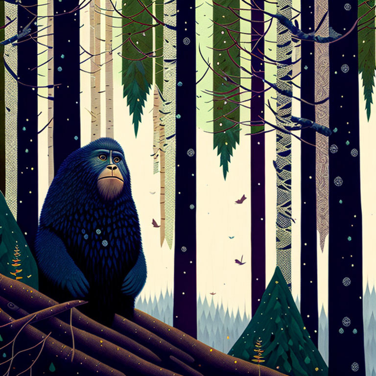 Solemn blue monkey in forest with snowflakes, birds, and starry night sky