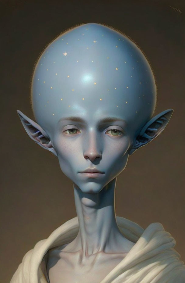 Otherworldly being with elongated blue head and cream garment