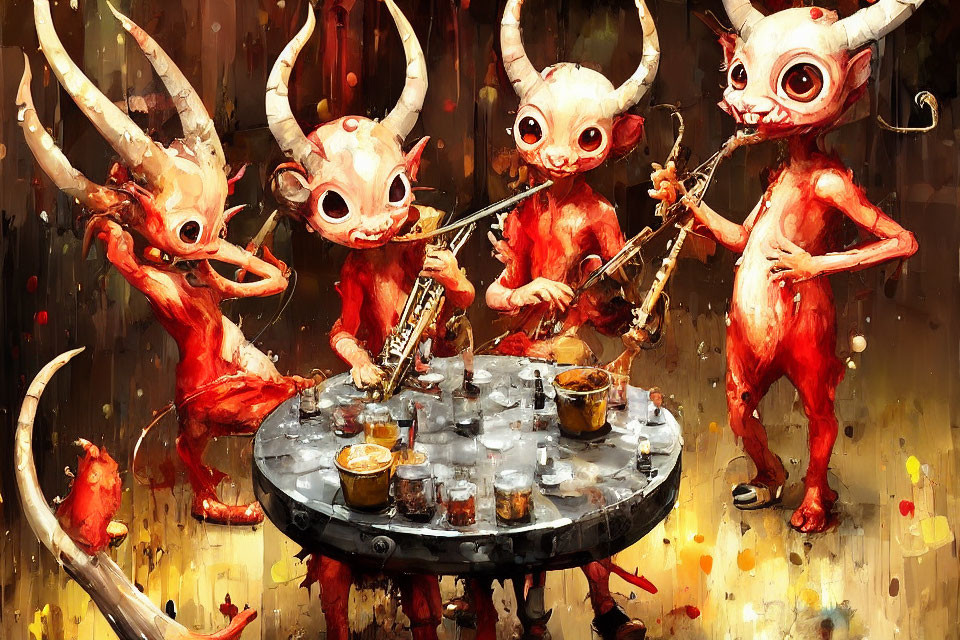 Colorful Cartoon Imp Creatures Playing Instruments Around Table