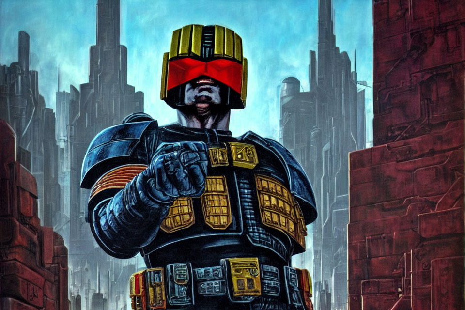 Futuristic Judge Dredd with iconic helmet and cityscape