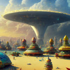Colorful domed buildings under massive spaceship in vibrant sci-fi cityscape
