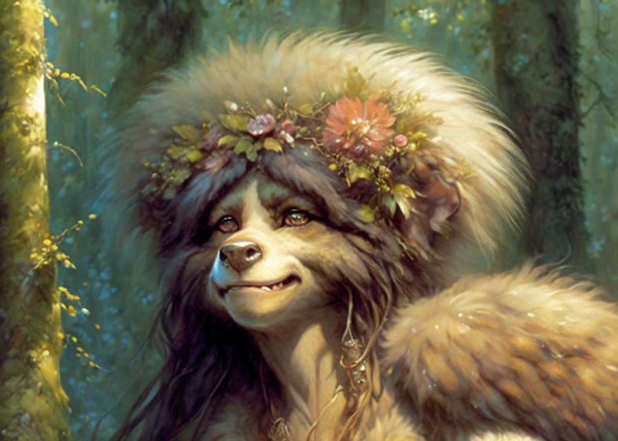 Illustrated bear-faced creature with floral wreath in sunlit forest